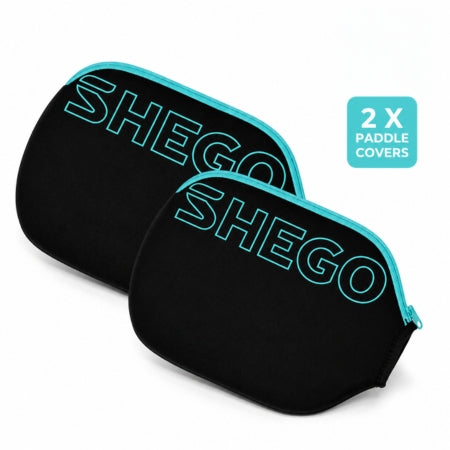 Front view of two SHEGO black pickleball paddle covers with aqua logo and aqua zipper