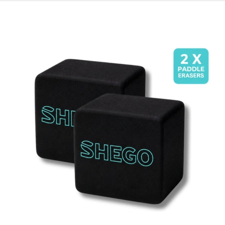 Front view of two Shego pickleball paddle erasers with aqua logo on front
