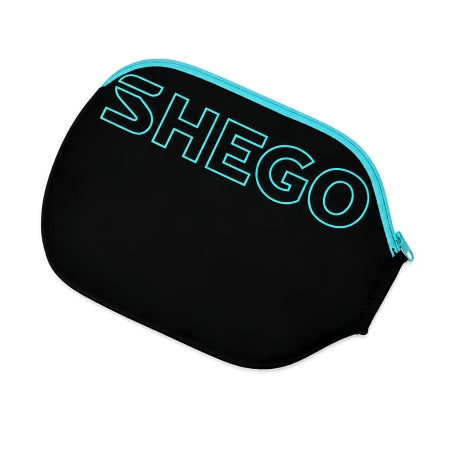 Front view of SHEGO black pickleball paddle cover with aqua logo and aqua zipper 