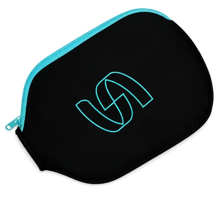 Back view of SHEGO black pickleball paddle cover with aqua logo and aqua zipper 