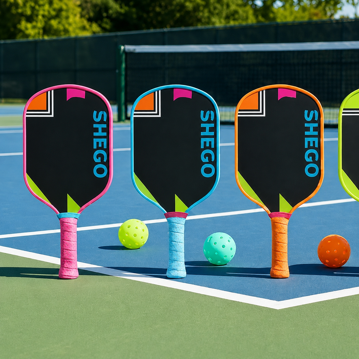 Colorful pickleball paddles for women with SHEGO branding lined up on a pickleball court.