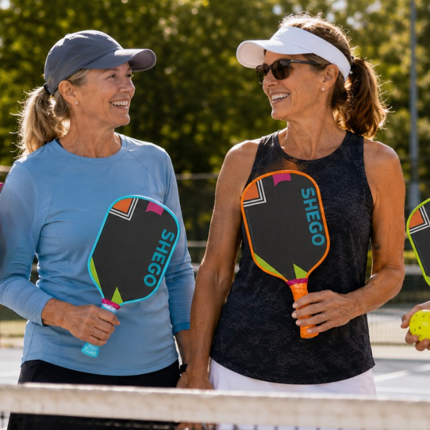 Two women laughing with Shego paddles